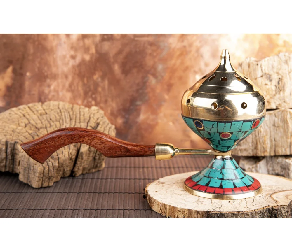 Räuchergefäß - Selena - Messing mit Holzgriff - mit farbigen Ziersteinen