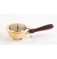 Räuchergefäß mit Holzgriff - aus Messing mit Blume des Lebens ca. 20x7cm