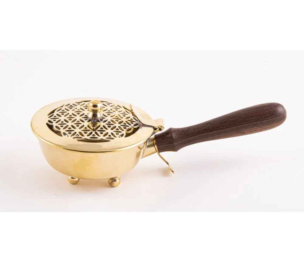 Räuchergefäß mit Holzgriff - aus Messing mit Blume des Lebens ca. 20x7cm