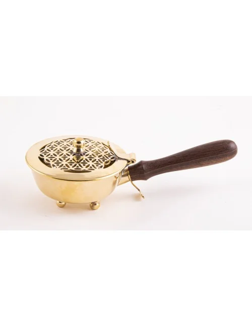 Räuchergefäß mit Holzgriff - aus Messing mit Blume des Lebens ca. 20x7cm
