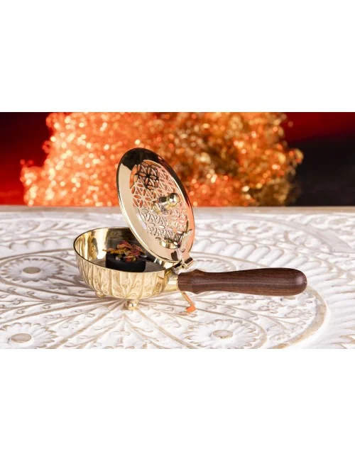 Räuchergefäß mit Holzgriff - aus Messing mit Blume des Lebens ca. 20x7cm