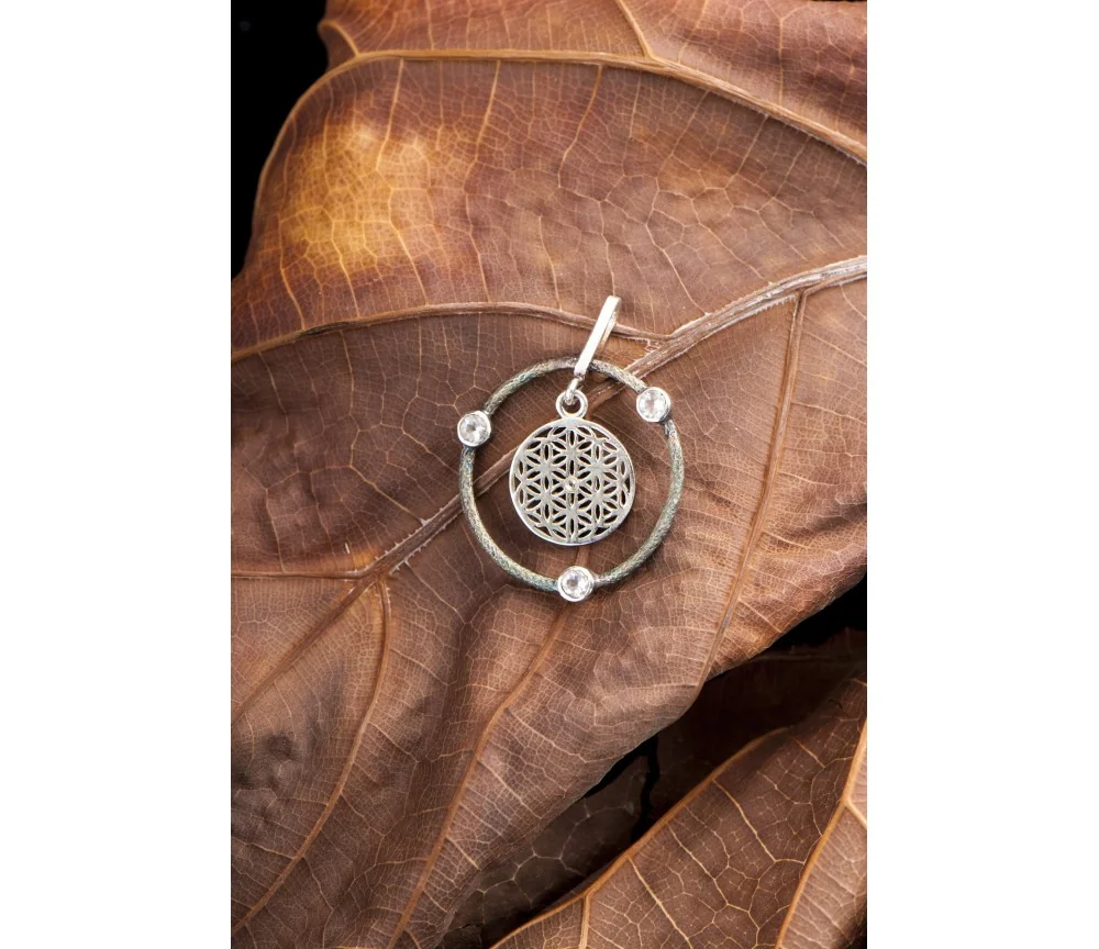 Anhänger - Schutzkreis - Blume des Lebens - mit 3 Kristallen, 925 Sterling Silber
