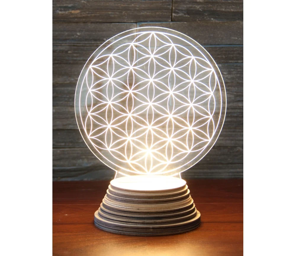 Ambientelicht Blume des Lebens aus Acryl, mit Holzsockel 20x15 cm