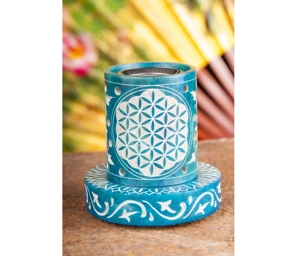 Räuchergefäß mit Sieb - Blume des Lebens Stövchen, türkis