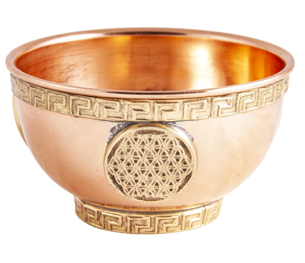 Räucherschale - Blume des Lebens aus Kupfer mit Messingverzierung ca. 8x4,5 cm
