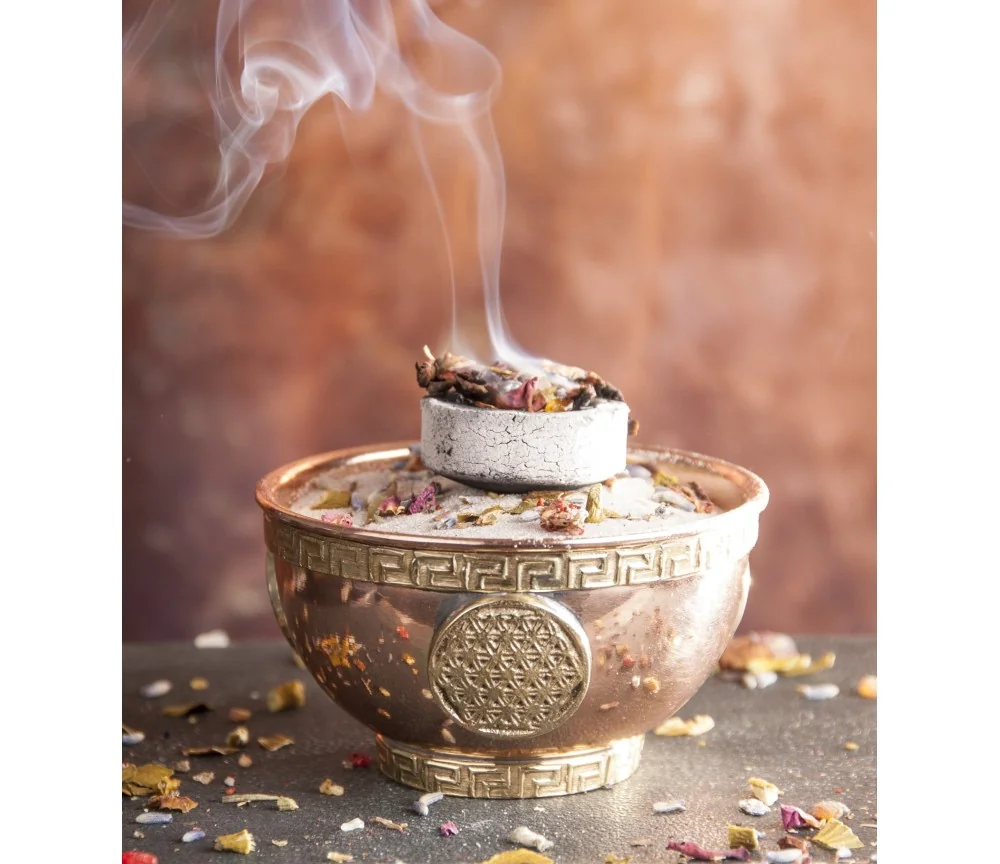 Räucherschale - Blume des Lebens aus Kupfer mit Messingverzierung ca. 8x4,5 cm