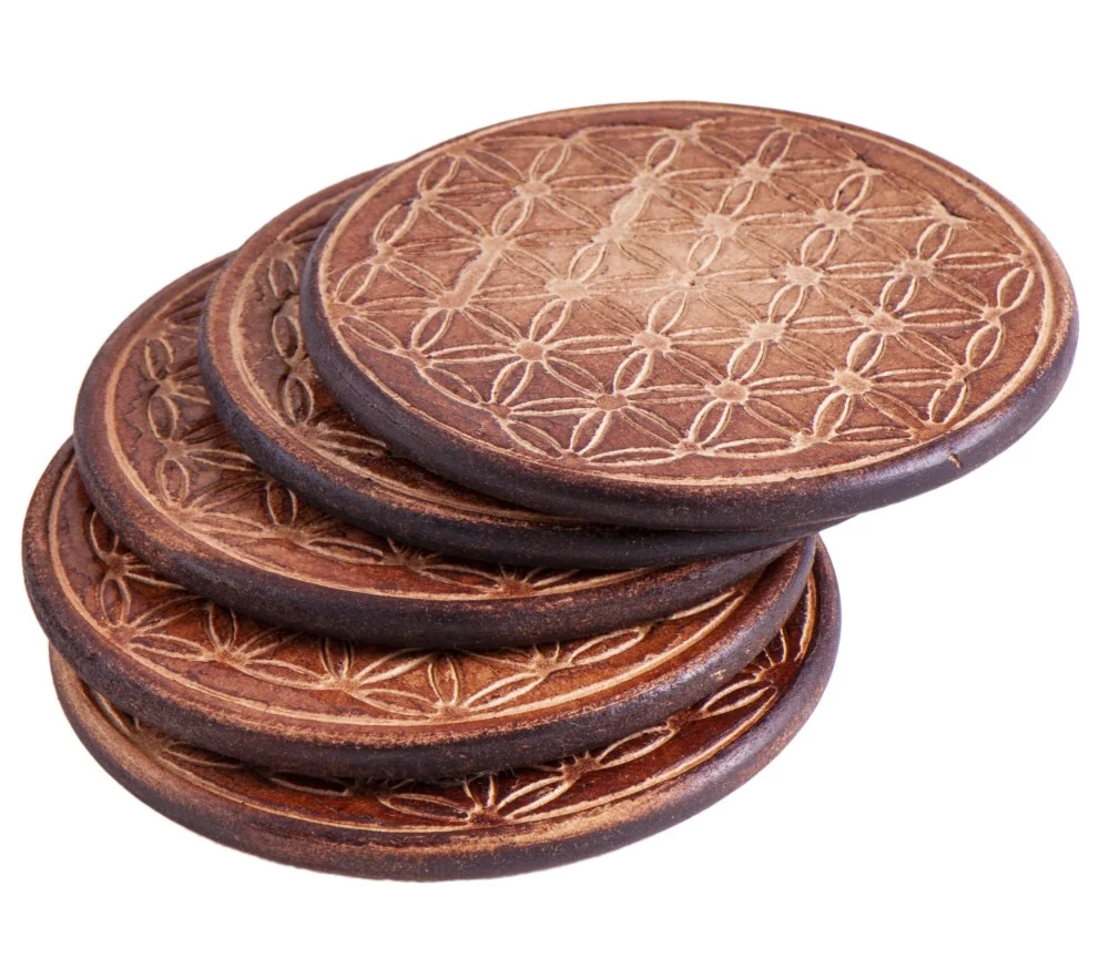 Gefäßuntersetzer mit Blume des Lebens, aus Holz - 6 er Pack