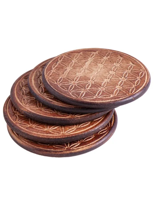 Gefäßuntersetzer mit Blume des Lebens, aus Holz - 6 er Pack