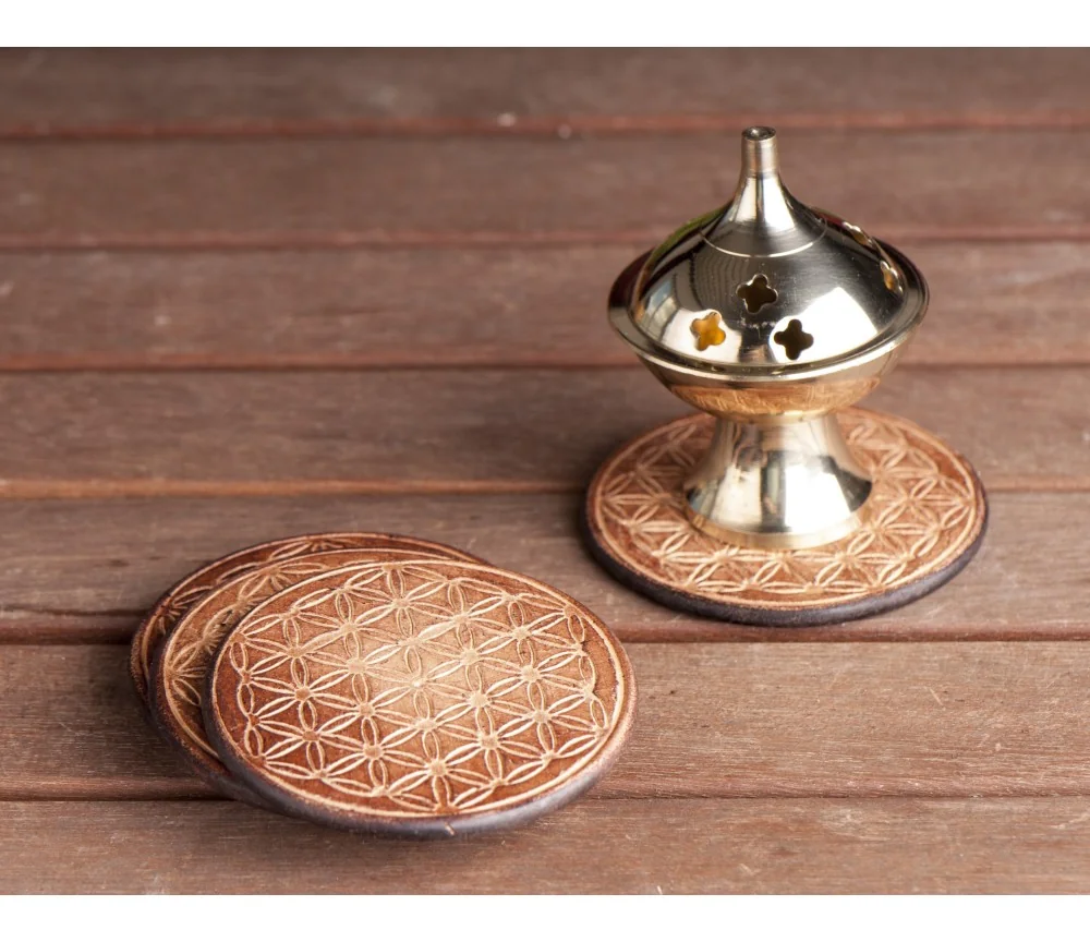 Gefäßuntersetzer mit Blume des Lebens, aus Holz - 6 er Pack