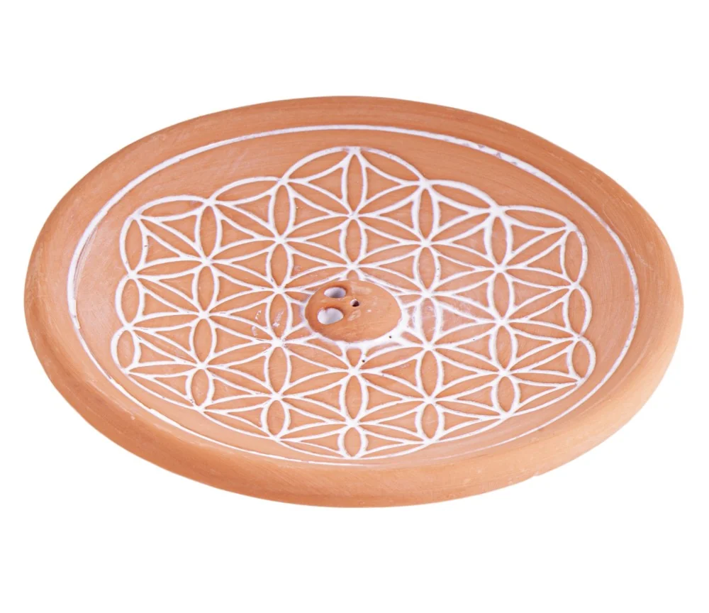 Räucherstäbchenhalter rund mit Blume des Lebens - aus Keramik - Natur