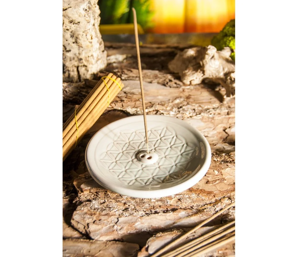 Räucherstäbchenhalter rund mit Blume des Lebens - aus Keramik - Türkis