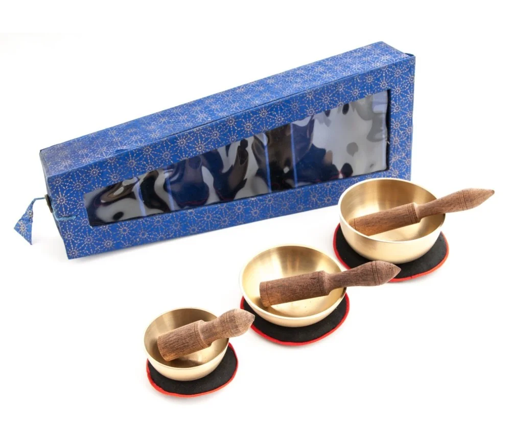 Klangschalen 3erSet- mit Kissen & Klöppel - in blauer Box