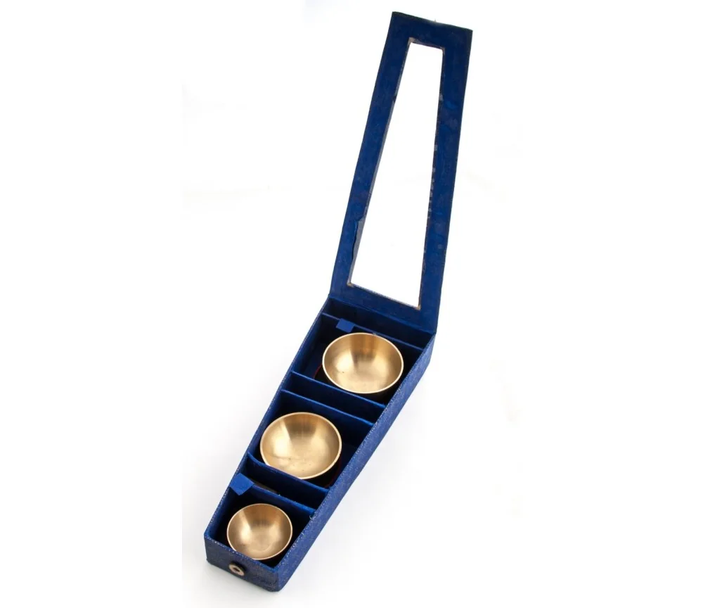 Klangschalen 3erSet- mit Kissen & Klöppel - in blauer Box