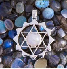 Anhänger - Hexagramm - mit Regenbogen Mondstein - 925er Sterling Silber ca. 2,8 cm