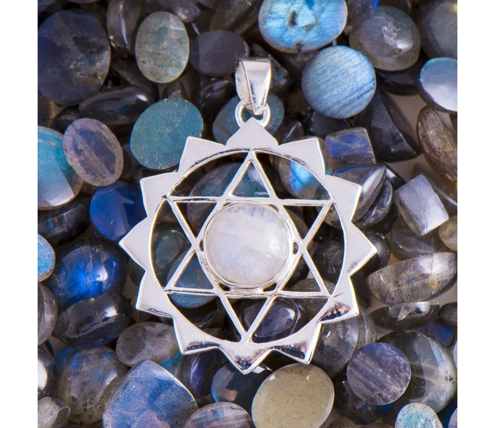 Anhänger - Hexagramm - mit Regenbogen Mondstein - 925er Sterling Silber ca. 2,8 cm