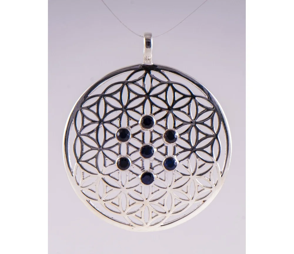 Anhänger - Blume des Lebens mit blauen Saphiren - 925er Silber