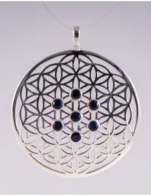 Anhänger - Blume des Lebens mit blauen Saphiren - 925er Silber