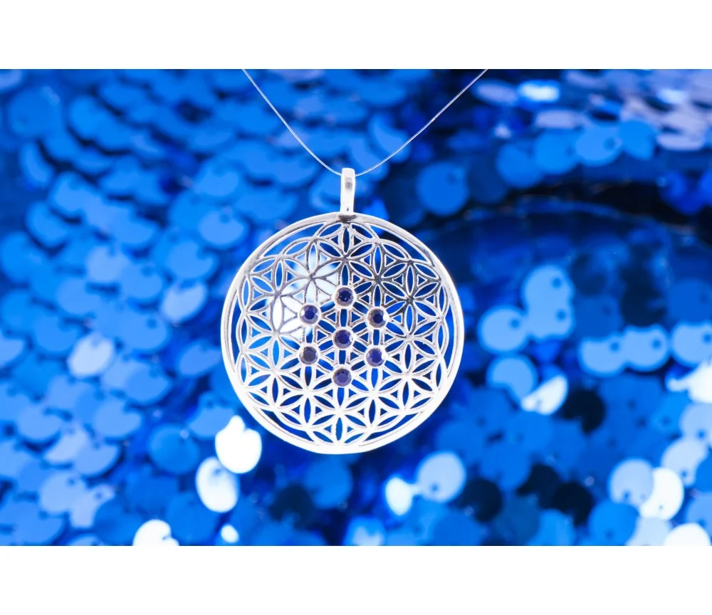 Anhänger - Blume des Lebens mit blauen Saphiren - 925er Silber