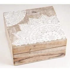 Holztruhe Schatz - & Holzbox - Mandala Silber, groß Mangoholz ca. 17,5x17,5x8,5 cm