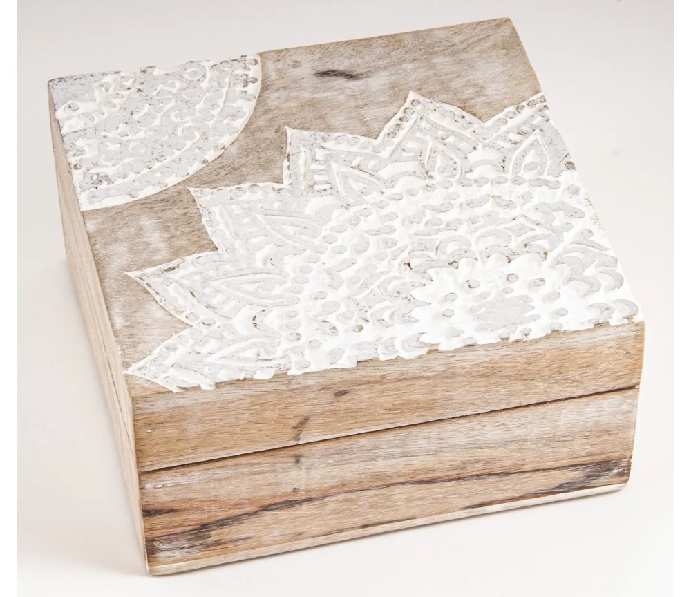 Holztruhe Schatz - & Holzbox - Mandala Silber, groß Mangoholz ca. 17,5x17,5x8,5 cm