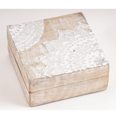 Holztruhe Schatz - & Holzbox - Mandala Silber, klein Mangoholz ca. 13,5x13,5x6,5cm
