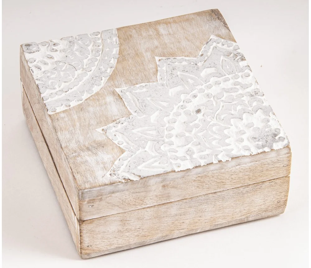 Holztruhe Schatz - & Holzbox - Mandala Silber, klein Mangoholz ca. 13,5x13,5x6,5cm