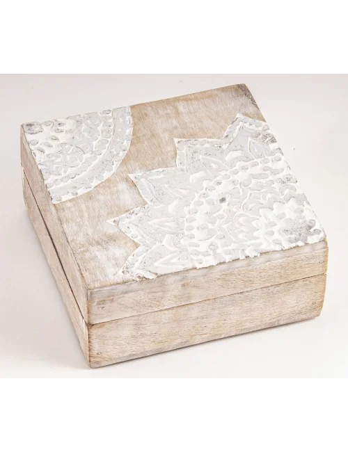Holztruhe Schatz - & Holzbox - Mandala Silber, klein Mangoholz ca. 13,5x13,5x6,5cm