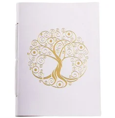 Schreibbuch - Lebensbaum weiß/gold 144 Seiten - Ledereinband mit goldener Prägung 18x13 cm