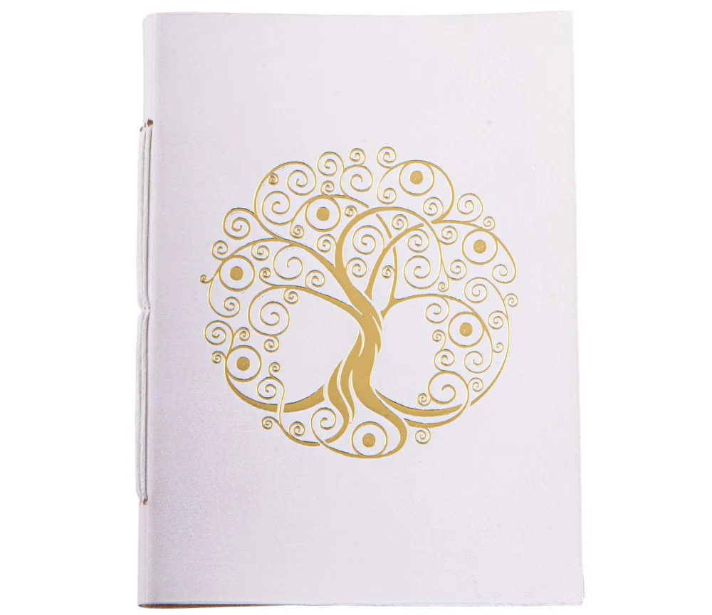 Schreibbuch - Lebensbaum weiß/gold 144 Seiten - Ledereinband mit goldener Prägung 18x13 cm
