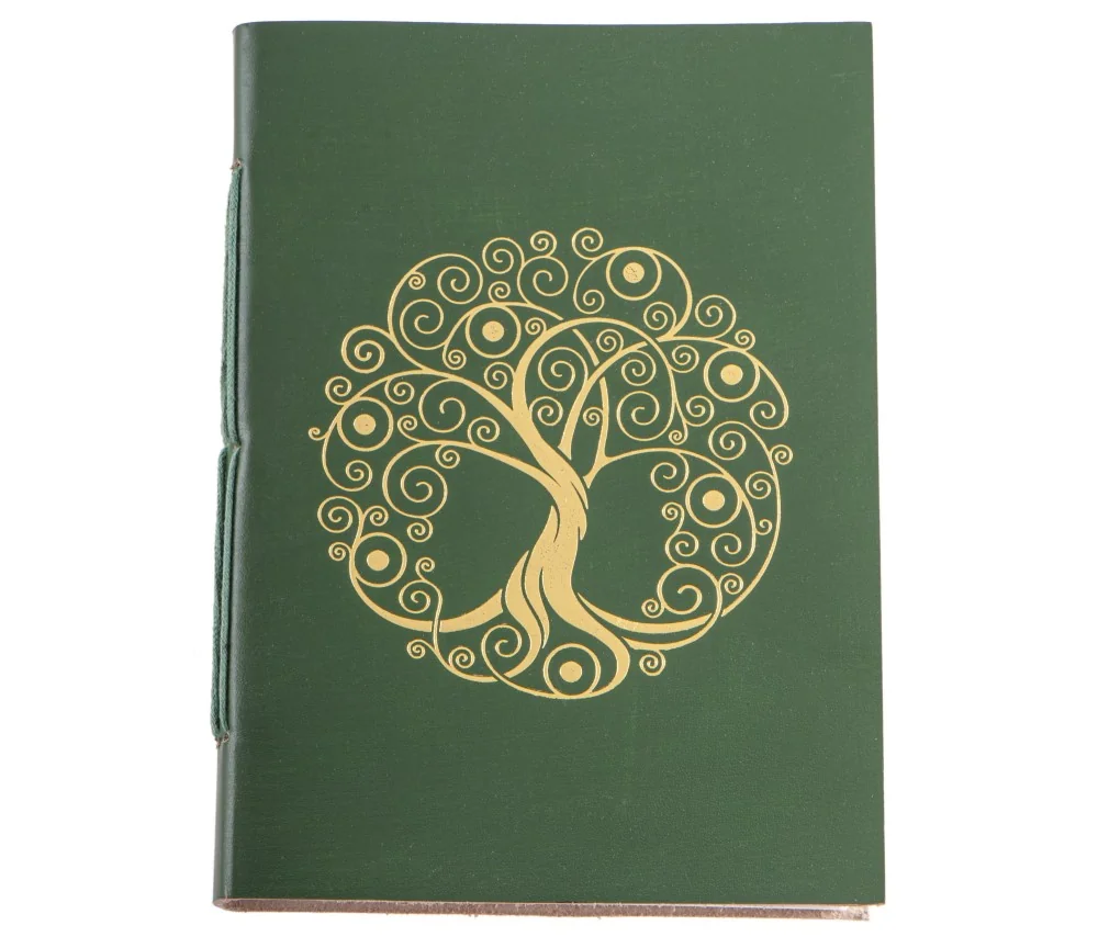 Schreibbuch - Lebensbaum grün/gold 144 Seiten - Ledereinband mit goldener Prägung 18x13 cm