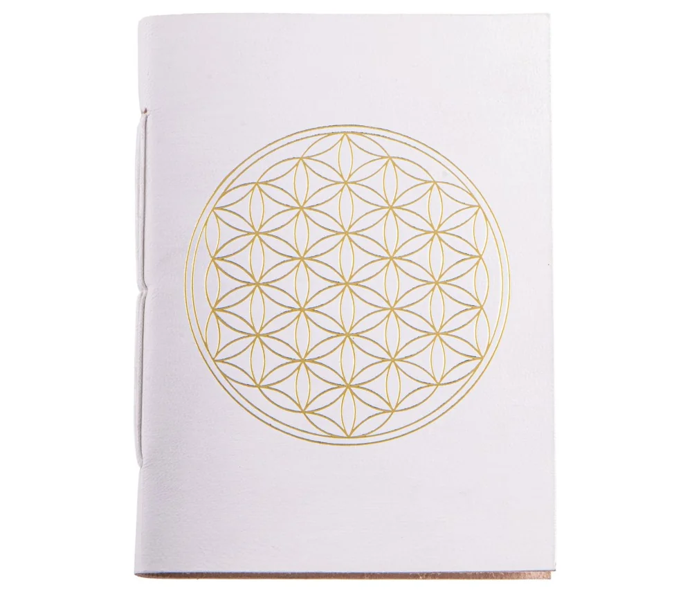 Schreibbuch - Lebensblume weiß/gold 144 Seiten - Ledereinband mit goldener Prägung 18x13 cm