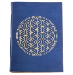 Schreibbuch - Lebensblume blau/gold 144 Seiten - Ledereinband mit goldener Prägung 18x13 cm