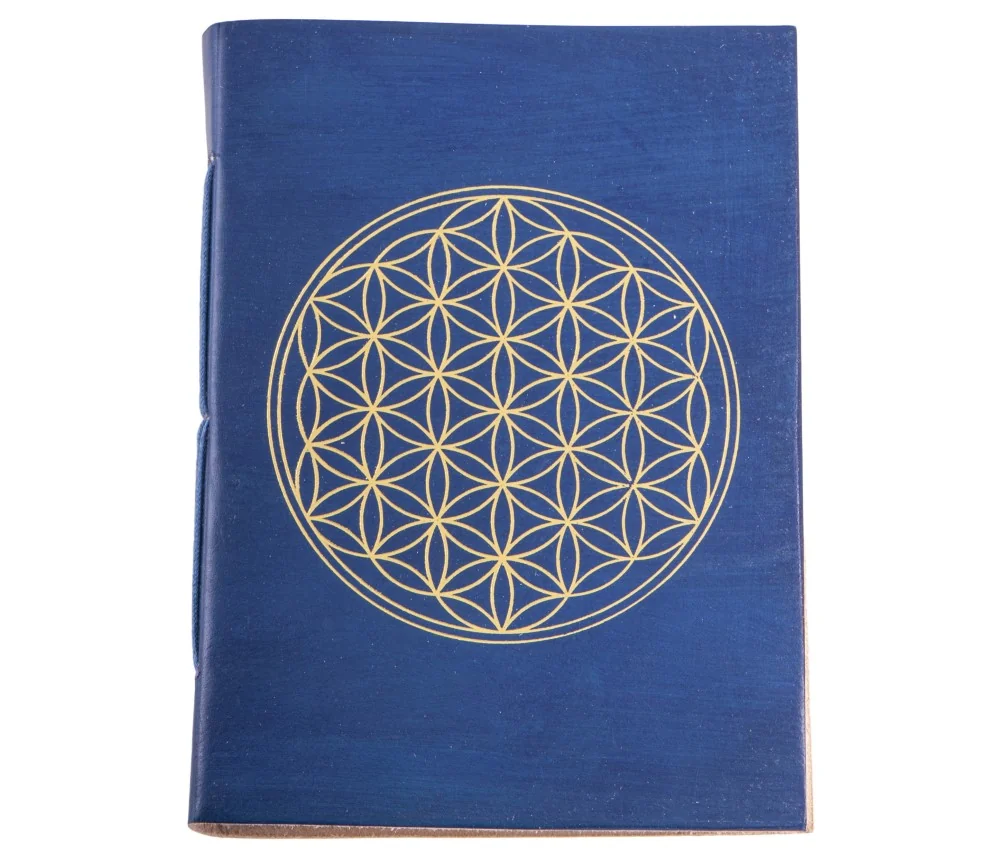 Schreibbuch - Lebensblume blau/gold 144 Seiten - Ledereinband mit goldener Prägung 18x13 cm