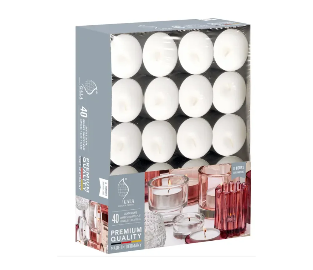 Gala Teelichter weiß, Ø 40 mm, Höhe 25 mm, 8h Brenndauer, 40 Stück