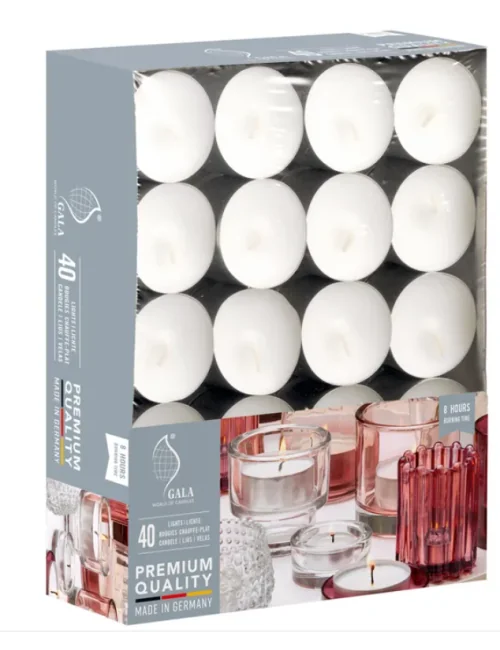 Gala Teelichter weiß, Ø 40 mm, Höhe 25 mm, 8h Brenndauer, 40 Stück