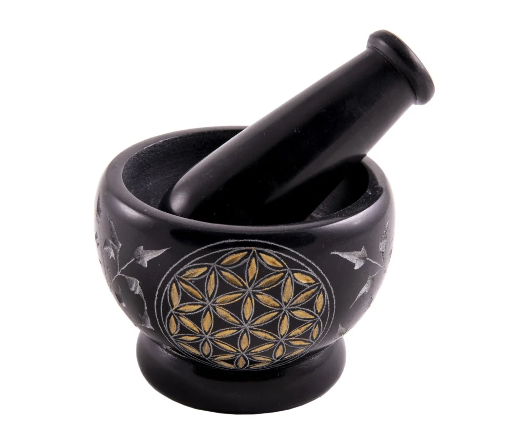 Mörser - mit Blume des Lebens - Speckstein - schwarz/gold