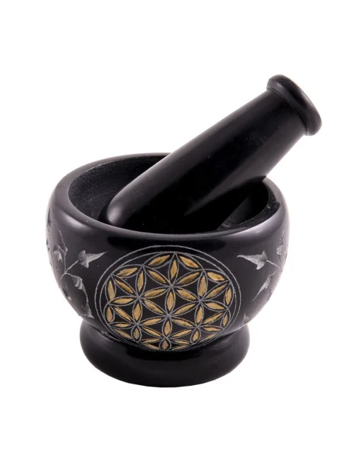 Mörser - mit Blume des Lebens - Speckstein - schwarz/gold