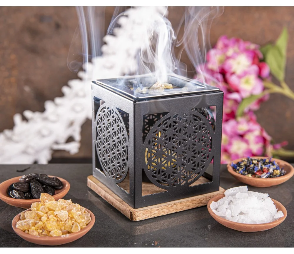 Räuchergefäß - Blume des Lebens- mit Sieb für Teelichter-schwarz