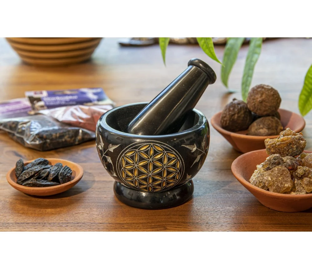 Mörser - mit Blume des Lebens - Speckstein - schwarz/gold