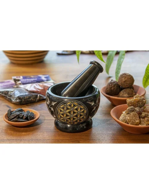 Mörser - mit Blume des Lebens - Speckstein - schwarz/gold