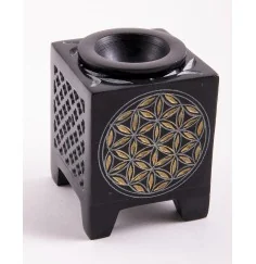 Aromalampe - Blume des Lebens - 4eck - Speckstein-schwarz/gold -8x6x6cm