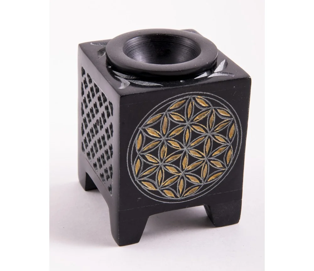 Aromalampe - Blume des Lebens - 4eck - Speckstein-schwarz/gold -8x6x6cm