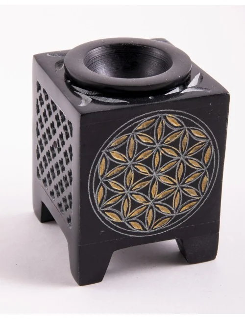 Aromalampe - Blume des Lebens - 4eck - Speckstein-schwarz/gold -8x6x6cm