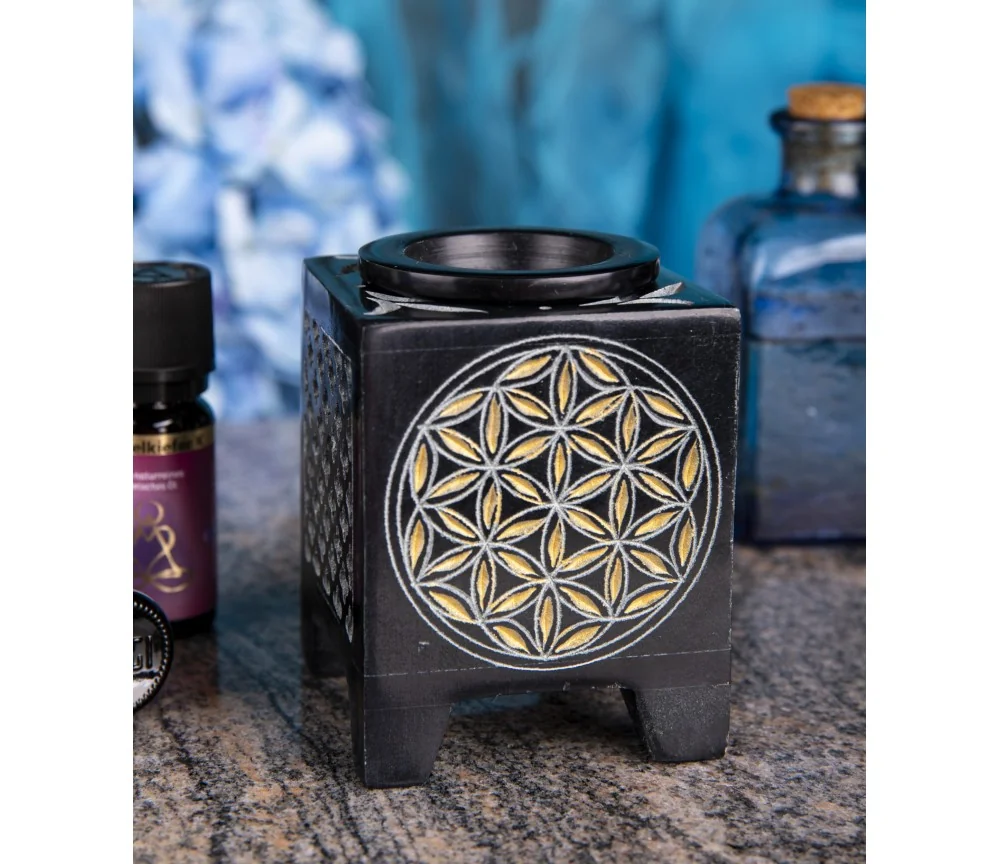 Aromalampe - Blume des Lebens - 4eck - Speckstein-schwarz/gold -8x6x6cm