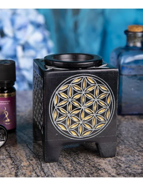 Aromalampe - Blume des Lebens - 4eck - Speckstein-schwarz/gold -8x6x6cm