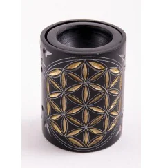 Aromalampe - Blume des Lebens - Zylinder - Speckstein-schwarz/gold -7,5x5,5cm