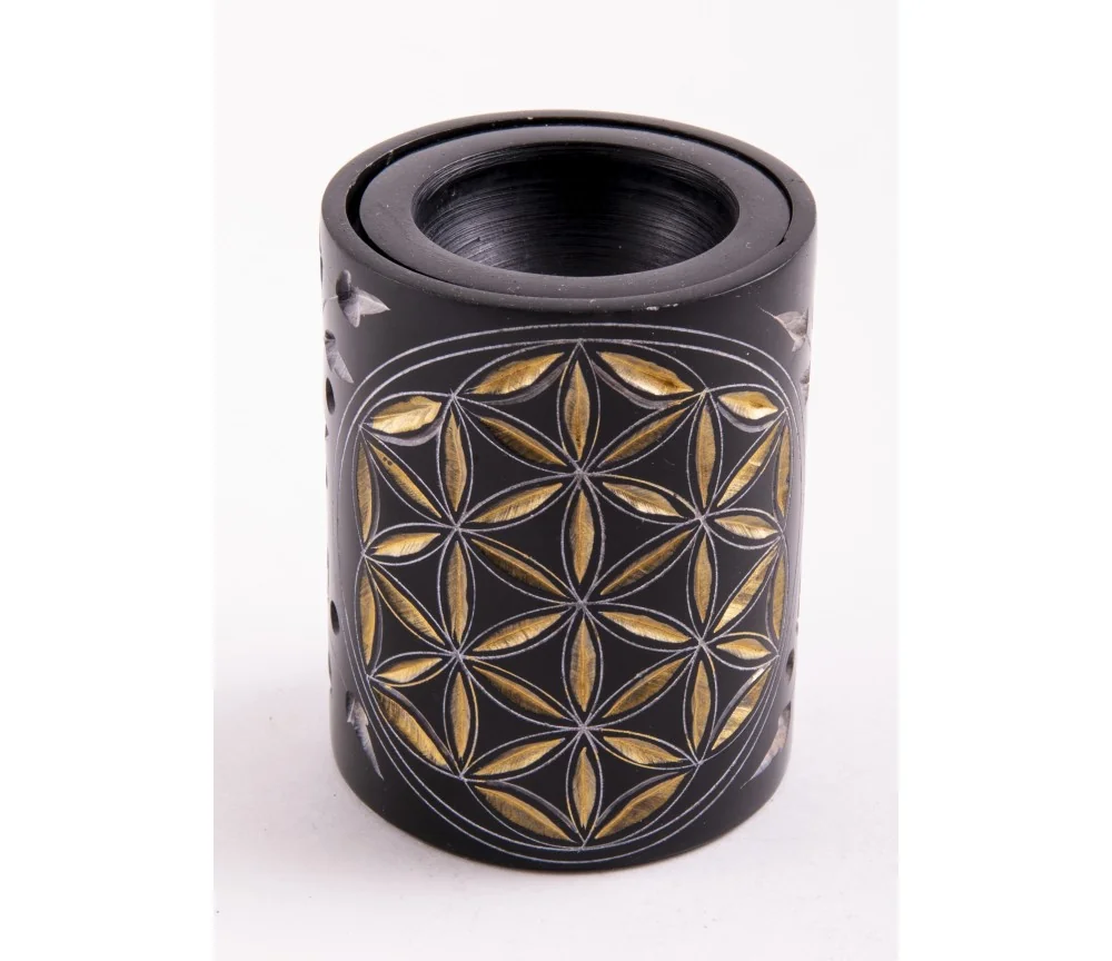 Aromalampe - Blume des Lebens - Zylinder - Speckstein-schwarz/gold -7,5x5,5cm