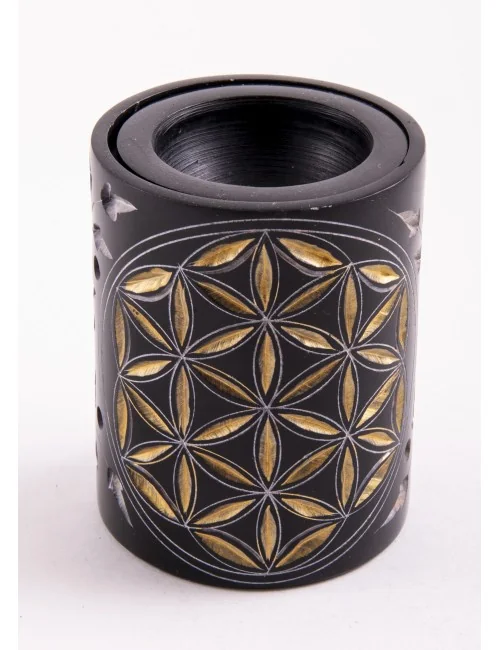 Aromalampe - Blume des Lebens - Zylinder - Speckstein-schwarz/gold -7,5x5,5cm