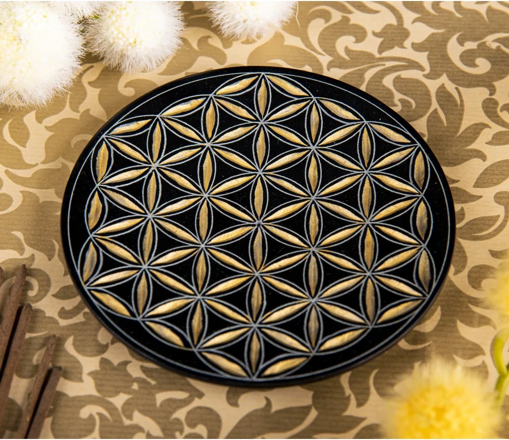 Räucherstäbchenhalter - Blume des Lebens rund - schwarz/gold ca.13cm