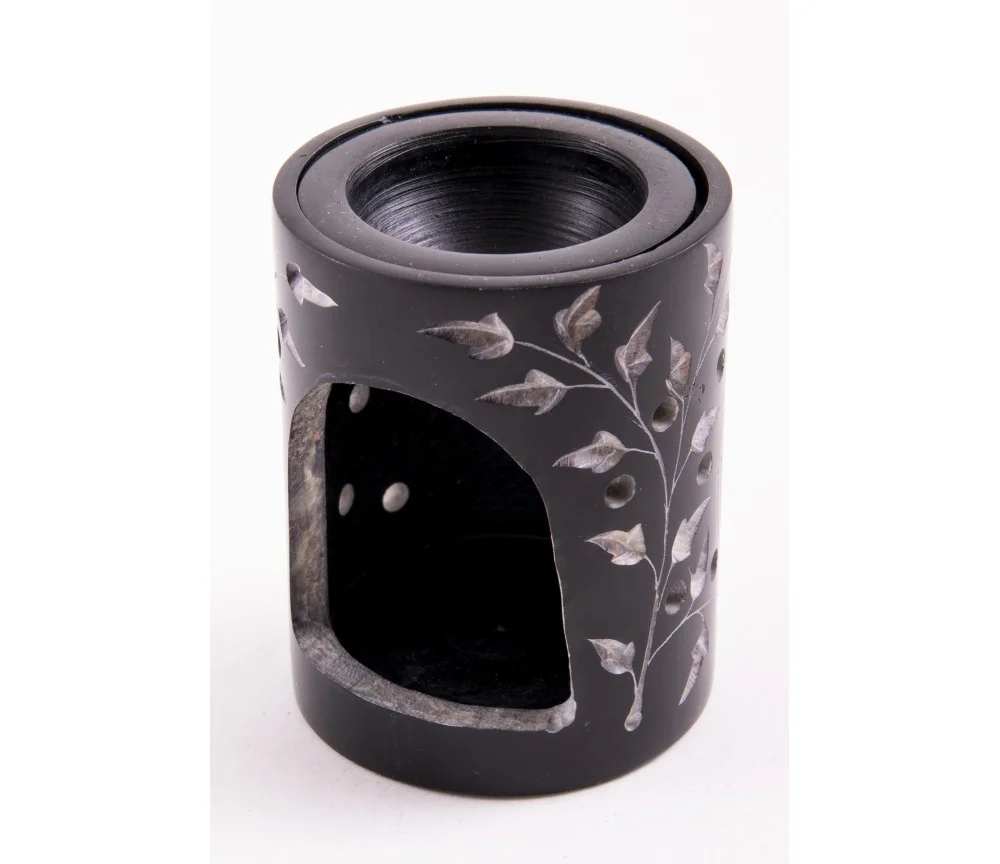 Aromalampe - Blume des Lebens - Zylinder - Speckstein-schwarz/gold -7,5x5,5cm